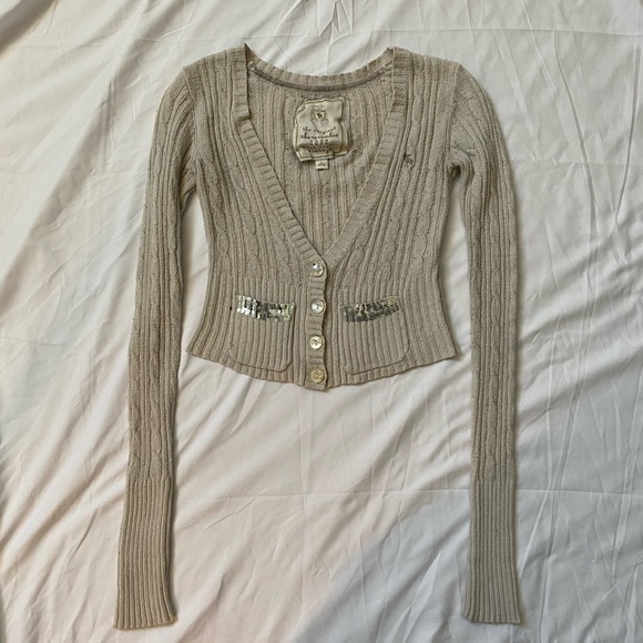 abercrombie & fitch 2000’s off-white cable knit fitted ribbed sweater - Picture 3 of 12